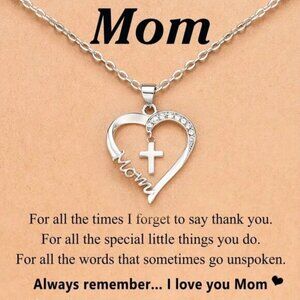 Silver Mom Heart Cross Necklace Christian Jewelry Mother’s Day Birthday Gift